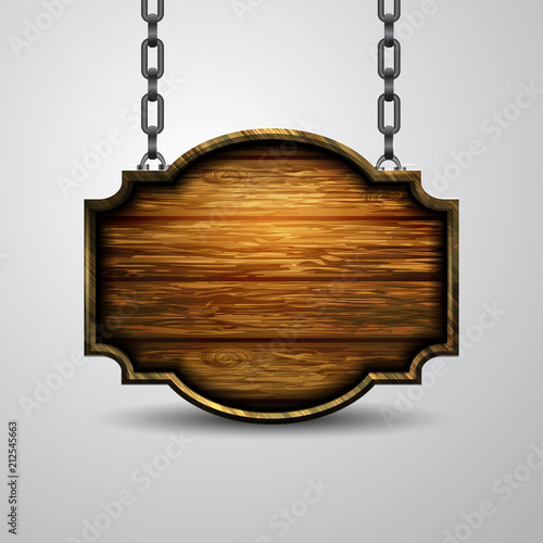 Blank wooden signboard hanging on chain isolated on white background