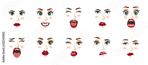 Women facial expressions, gestures, emotions happiness surprise disgust sadness rapture disappointment fear surprise joy smile cry despondency. Cartoon icons set isolated. Vector illustration