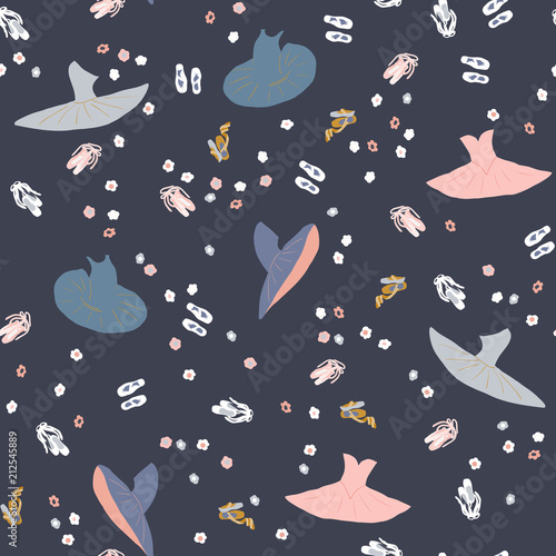 Seamless pattern with tutu dress and Pointe shoes . on a dark background. flowers. Hand drawn design for Birthday and Baby Shower greeting cards, fabric, wrapping paper, invitation, stationery. Vector