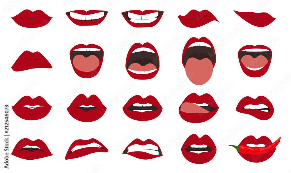 Woman lips gestures set. Girl mouths close up with red lipstick makeup expressing different emotions. EPS10 vector. Woman lips gestures set. Girl mouths close up with red lipstick makeup expressing different emotions. EPS10 vector.