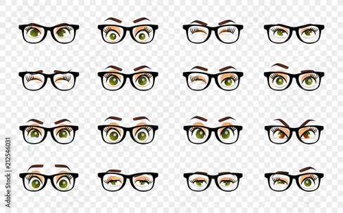 Cartoon female eyes. Colored vector closeup eyes with glasses. Female woman eyes and brows image collection set. Emotions eyes. Illustration