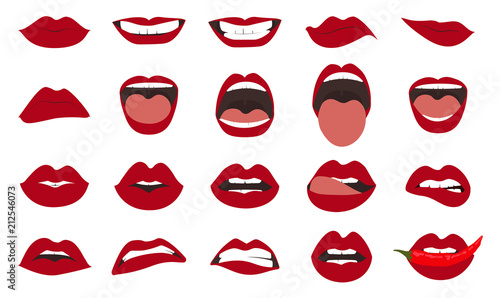 Woman lips gestures set. Girl mouths close up with red lipstick makeup expressing different emotions. EPS10 vector.