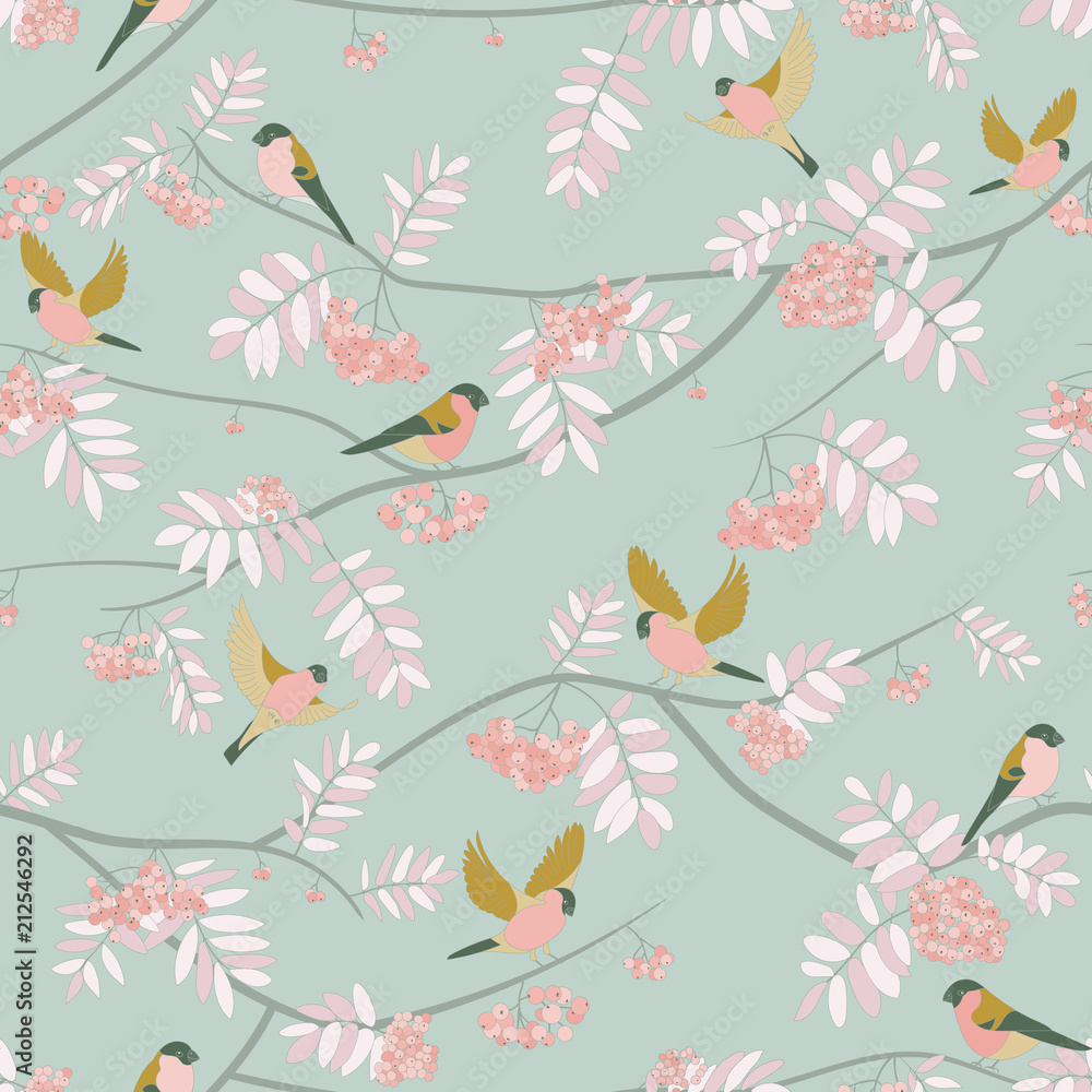 Bullfinches on mountain ash, fly, sit. seamless pattern. orange colors, warm colors