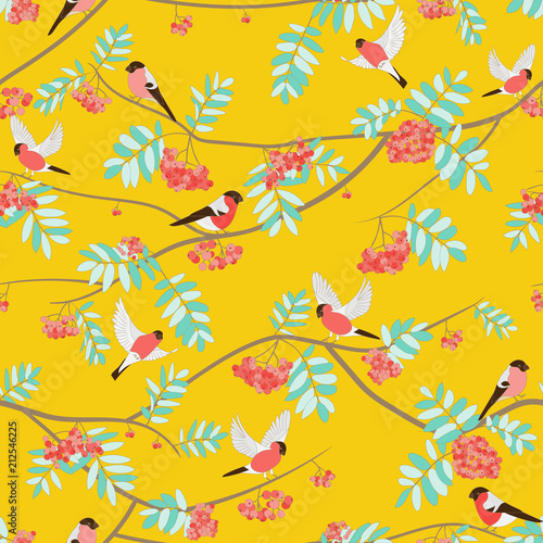 Bullfinches on mountain ash, fly, sit. seamless pattern. orange colors, warm colors