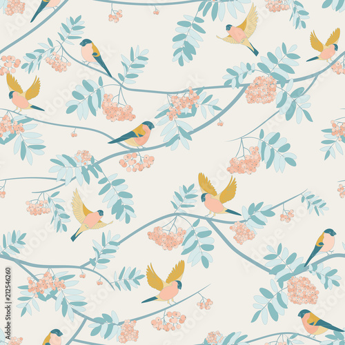Bullfinches on mountain ash, fly, sit. seamless pattern. orange colors, warm colors