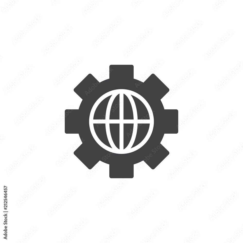 Gear with globe vector icon. filled flat sign for mobile concept and web design. Business development simple solid icon. Symbol, logo illustration. Pixel perfect vector graphics