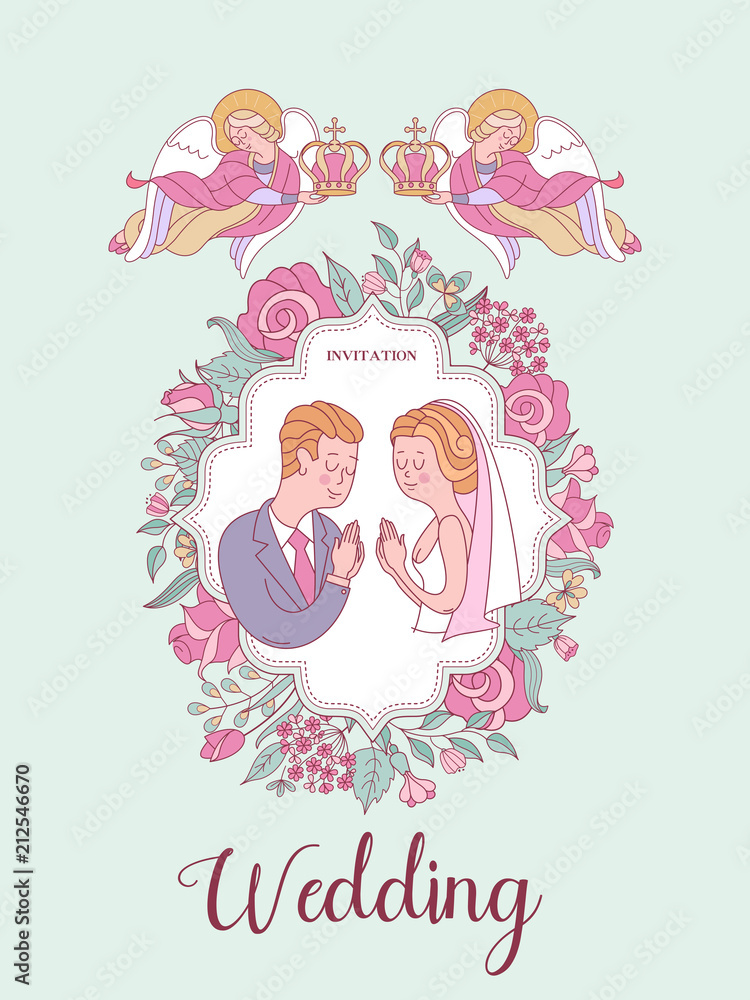 Happy weddings. The bride and groom get married. Wedding card, wedding invitation, wedding in the Church. Happy weddings. The bride and groom get married. Wedding card, wedding invitation, wedding in the Church.