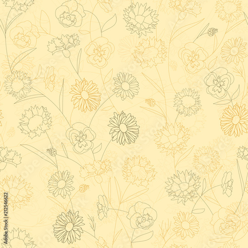 Floral seamless pattern with wild flowers. Illustration in vintage style for decoration fabrics, textiles, paper, wallpaper. chamomile, cornflower, cosme, pansies.