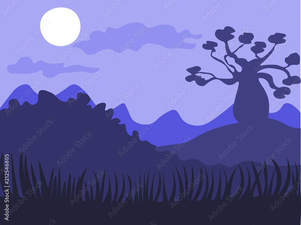 Safari cartoon background, desert savanna panorama and landscape with trees, hills and moon. Safary layered panoramic background, savannah landscape, African night time design. Safari cartoon background, desert savanna panorama and landscape with trees, hills and moon. Safary layered panoramic background, savannah landscape, African night time design.