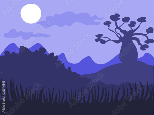 Safari cartoon background  desert savanna panorama and landscape with trees  hills and moon. Safary layered panoramic background  savannah landscape  African night time design.