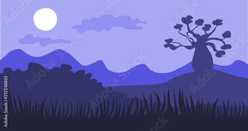 Safari cartoon background, desert savanna panorama and landscape with trees, hills and moon. Safary layered panoramic background, savannah landscape, African night time design.