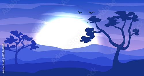 Safari cartoon background, desert savanna panorama and landscape with trees, hills, dunes and moon. Safary layered panoramic background, savannah dune landscape, African dune night time design.