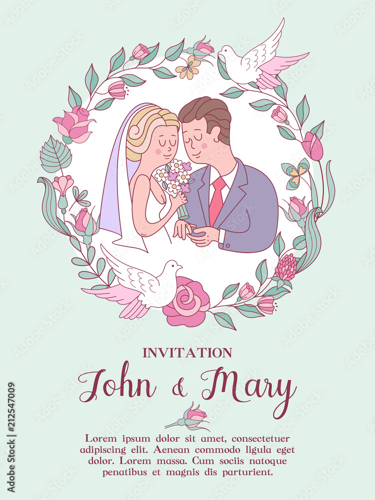 Wedding invitation. Lovely wedding card with the bride and groom. Vector illustration. Wedding invitation. Lovely wedding card with the bride and groom. Vector illustration.