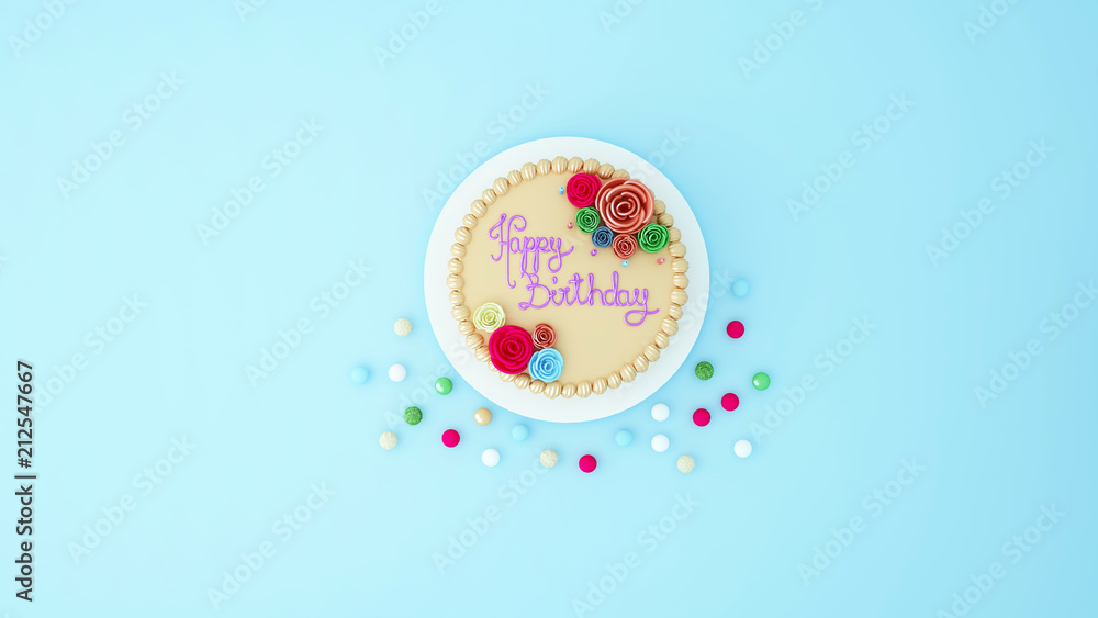 White and cream Birthday Cake with topping sugar roses and many colored balls - Birthday cake for artwork - Happy days and family time - 3D Rendering White and cream Birthday Cake with topping sugar roses and many colored balls - Birthday cake for artwork - Happy days and family time - 3D Rendering