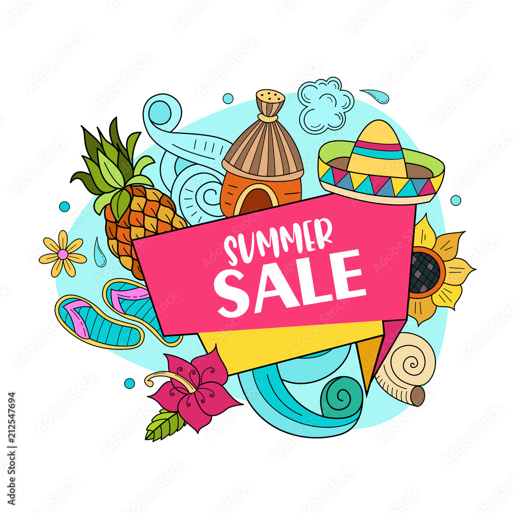 Fototapeta premium Summer sale. Bright colorful advertising poster. Illustration in cartoon style.