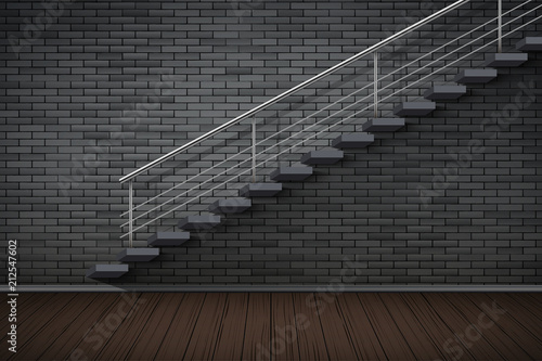 Dark brick wall and staircase. Prison or loft interior. Vintage jail and prison cell. Concept design for quest rooms and escape games. Vector Illustration.