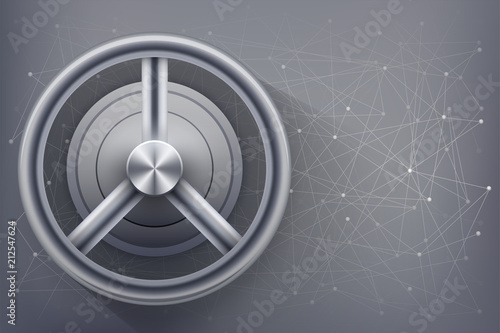 Safe with blockchain background. Concept of high security blockchain and Cryptocurrency protection. Vector Illustration