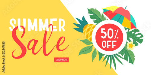 Bright vector illustration. Summer sale. Illustration in tropical style.