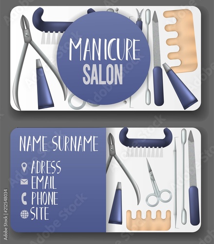 Vector modern business card template set with realistic, mesh gradient, nail care items. Front page and back page template with brush, scissors, nail file, manicure objects. Vector illustration