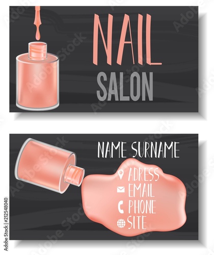 Vector modern business card template set with realistic, mesh gradient nail polish bottles. Front page and back page template with opened nail polish bottle with paint splashes. Vector illustration
