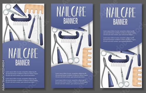 Set of 3 brochure with realistic manicure objects. Salon, shop advertisement concept. Template for flyer, magazine, poster,cover, banner,greeting card,invitation. Vector illustration