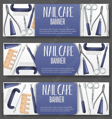 Set of 3 horizontal brochure with realistic manicure objects. Salon, shop advertisement concept. Template for flyer, magazine, poster,cover, banner,greeting card,invitation. Vector illustration