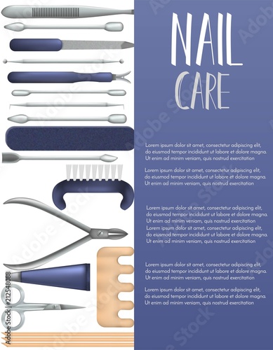 Nail care banner,page with realistic manicure objects. Salon, shop advertisement concept. Template for flyer, magazine, poster,cover, banner,greeting card,invitation. Vector illustration