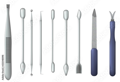 Set of realistic manicure objects. Mesh gradient object ,nail file,clipper, polish, cuticle nipper,pusher, dotting pen. Vector nail care collection. Spa salon.