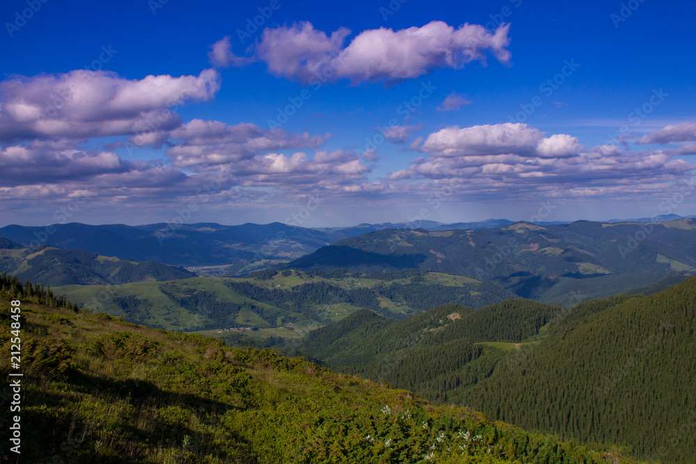 Fototapeta premium Zdjęcie górskiego krajobrazu latem pod pięknym pochmurnym niebem. Ukraina, Karpaty, wieś Dzembronia.