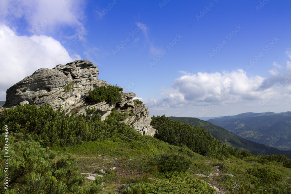 Photo of mountain landscape in the summer under beautiful cloudy sky. Ukraine, Carpathians, Dzembronia village.