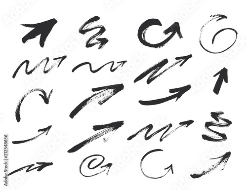 Vector grunge black arrows isolated on white background. Direction hand drawn ink sign