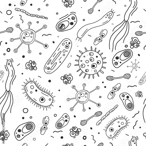 Bacteria germs hand drawn doodle seamless pattern with microorganism cells on white background vector illustration