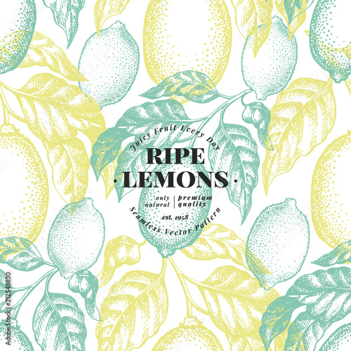 Lemon tree seamless pattern. Hand drawn vector fruit illustration. Engraved style. Vintage citrus background.