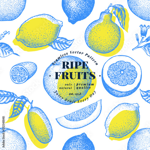 Citrus fruits seamless pattern. Hand drawn vector fruit illustration. Engraved style. Vintage citrus background.