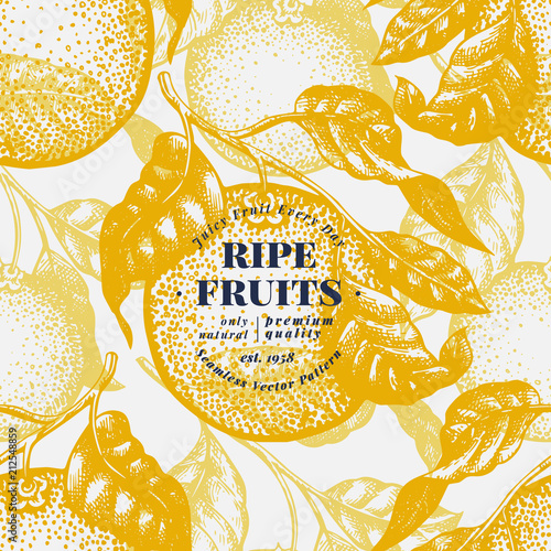 Orange tree seamless pattern. Hand drawn vector fruit illustration. Engraved style. Vintage citrus background.