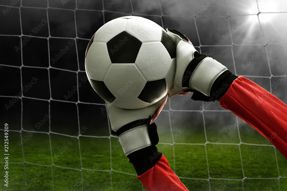 Naklejka premium Soccer goalkeeper catches the ball