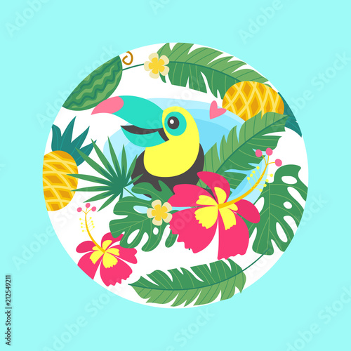 Hello summer. Aloha. Cute funny cartoon Toucan. Tropical paradise. Vector illustration. © katedemian