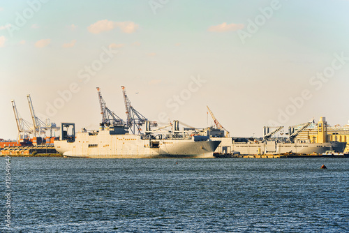 Commercial sea ships, dry cargo ships in a Hudson Gulf. New York, USA. photo