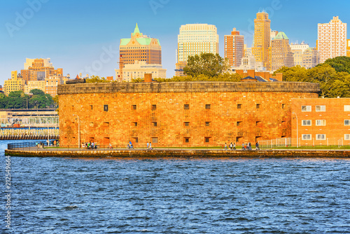 Skyline view of Castle Williams from water, on to Governors Island National Monument. New York.