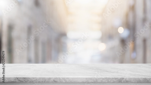 Empty White Table Top, Counter, Desk Background Over Blur Perspective Bokeh  Light Background, White Marble Stone Table, Shelf and Stock Photo - Image  of counter, blurred: 160362766