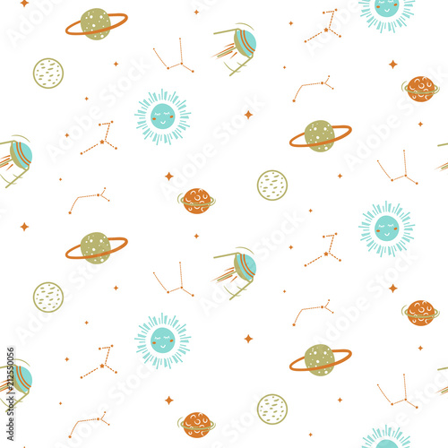 Planets in space seamless vector cute pattern..
