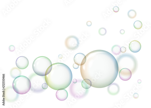 Round soap bubbles on white background. Vector illustration. Picture with circles.