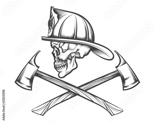 Skull in Fire Helmet and Axes