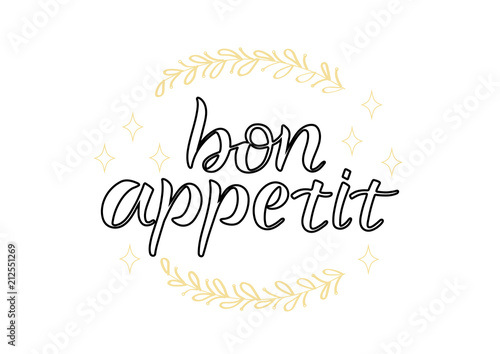 BON APPETIT- cooking quote hand drawn lettering element your design. Perfect for advertising, poster, card, invitation, banner, menu, lettering typography.Vector illustration EPS 10