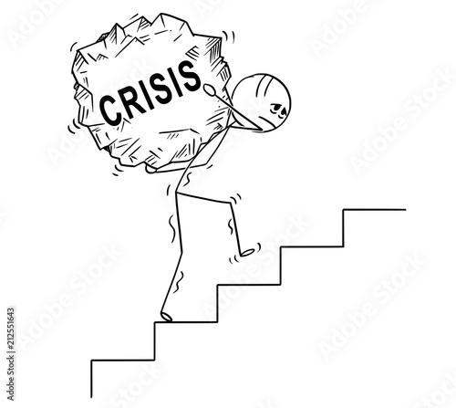 Cartoon stick drawing conceptual illustration of man or businessman carrying big piece of rock with text crisis upstairs.
