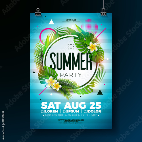 Vector Summer Party Flyer Design with tropical leaves and flower on blue background. Summer nature floral elements. Design template for banner, invitation, event poster.