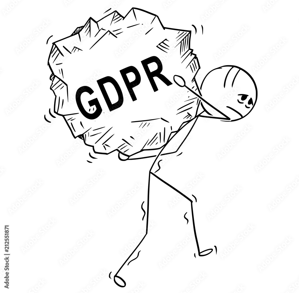 Cartoon stick drawing conceptual illustration of man or businessman carrying or walking with big piece of rock with text GDPR . Cartoon stick drawing conceptual illustration of man or businessman carrying or walking with big piece of rock with text GDPR .