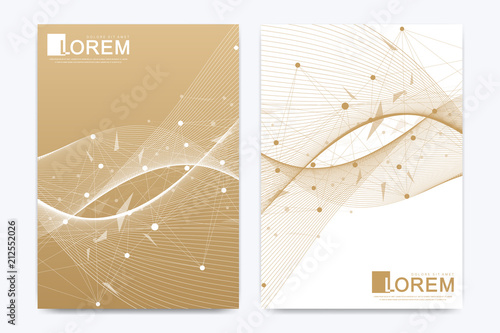 Modern vector template for brochure leaflet flyer cover catalog banner magazine or annual report in A4 size. Business, science and technology design book layout. Presentation with golden waves, lines.