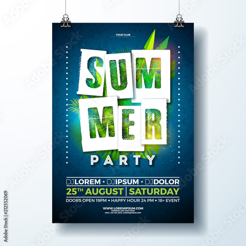 Vector Summer Party Flyer Design with tropical leaves and flower on blue background. Summer nature floral elements. Design template for banner, invitation, event poster.