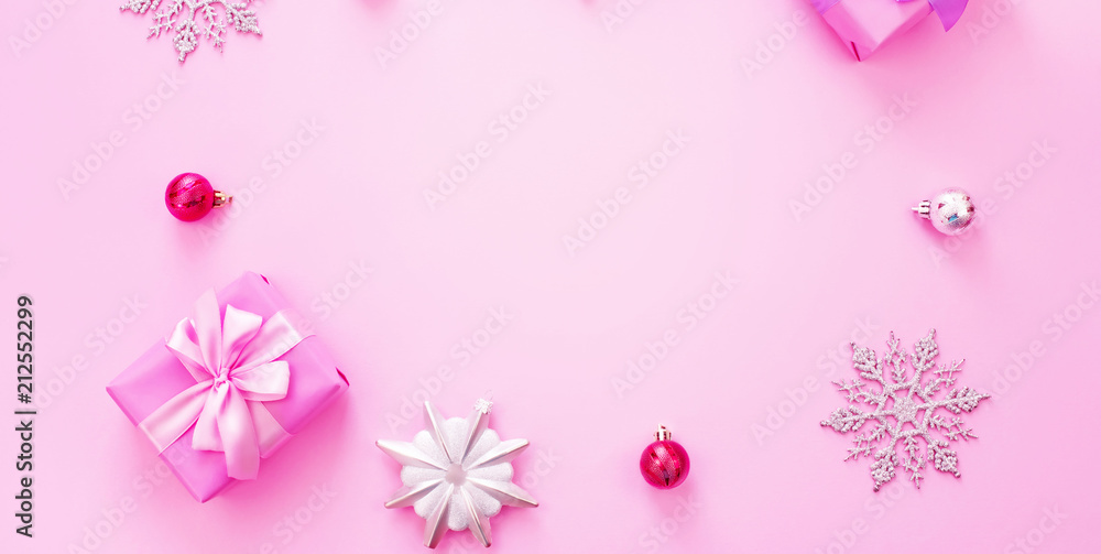 Banner Decorative background Christmas composition Flat lay box gift ribbon bow snowflake cocktail pink. Banner Decorative background Christmas composition Flat lay box gift ribbon bow snowflake cocktail pink.